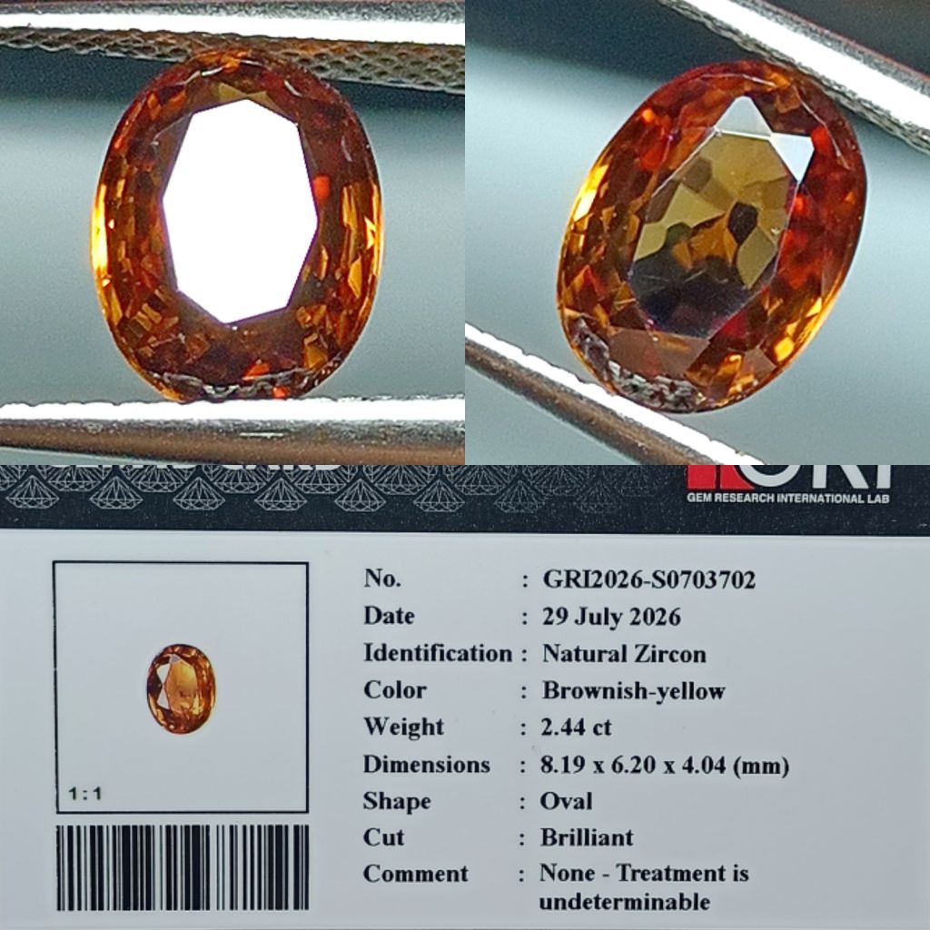 NATURAL BROWNISH YELLOW ZIRCON (GOLDEN ZIRCON) 2.44 CARAT CUTTING OVAL BRILLIANT GOOD LUSTER MEMO GR