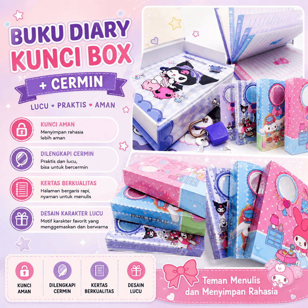 Buku Daily Diary Kunci Box + Cermin / Buku Harian / Notes Anak Karakter