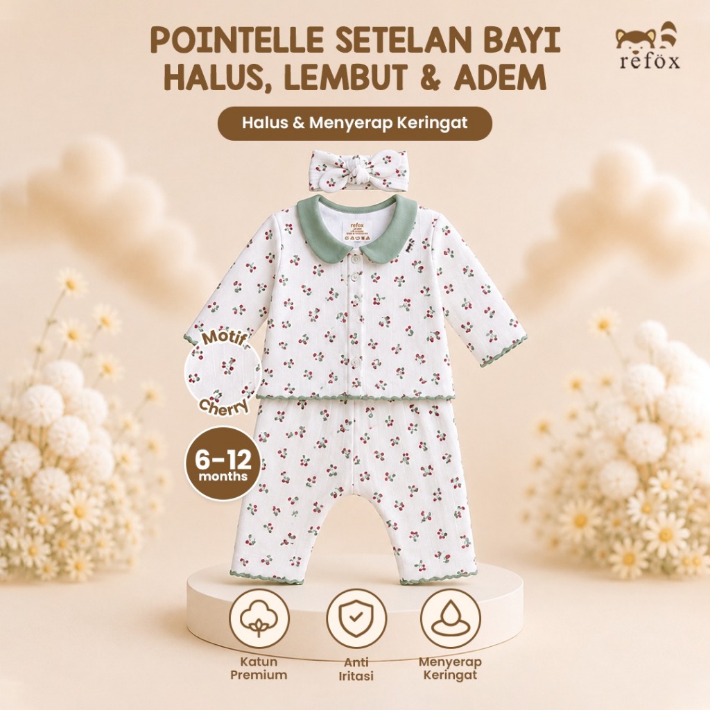 6 - 12 bulan REFOX POINTELLE SETELAN BAYI PEREMPUAN HALUS CHERRY