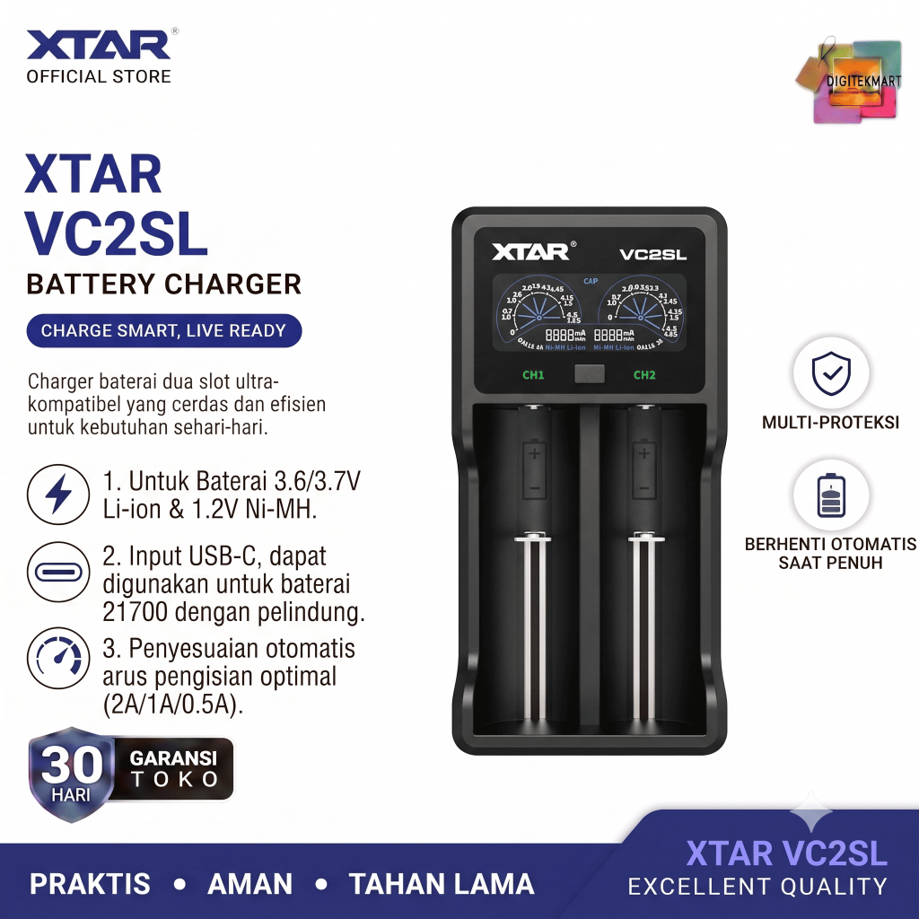XTAR VC2SL, 2 SLOTS FAST BATTERY CHARGER WITH COLOURFULL LCD SCREEN UPGRADE FROM VC2S