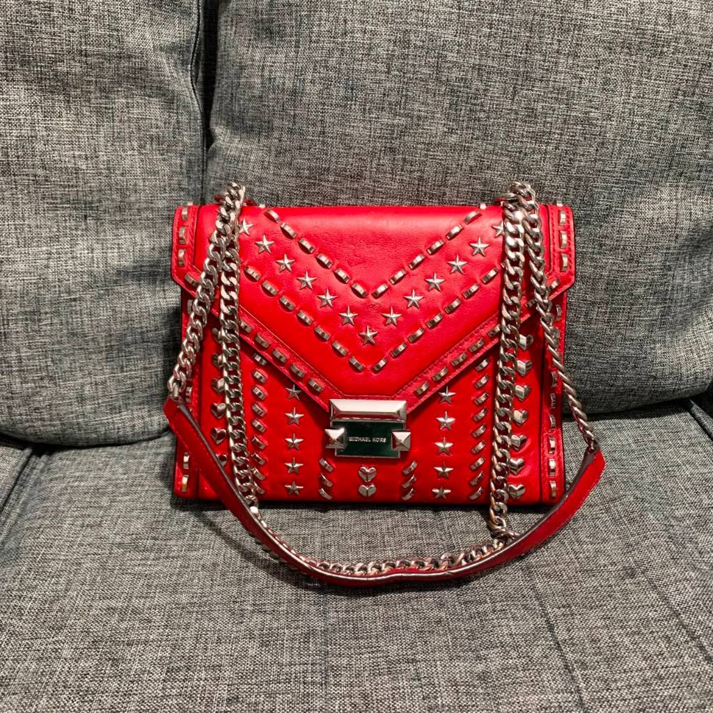 Preloved Tas Michael Kors Whitney Studded Shoulder Sling Red Authentic Original
