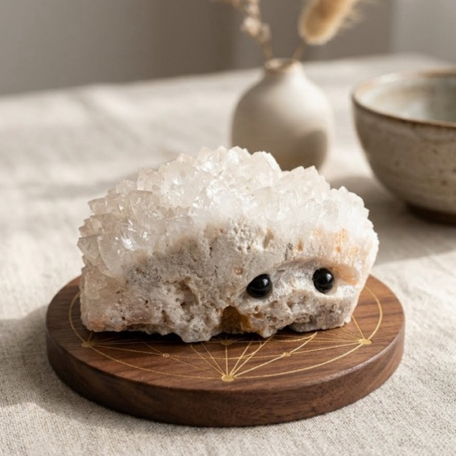 Natural White Calcite Crystal Hedgehog Cluster - Ukiran Landak Batu Alam Asli