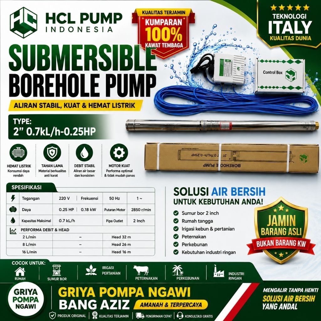 Submersible 2 inch 0.25Hp + Kabel 25m
