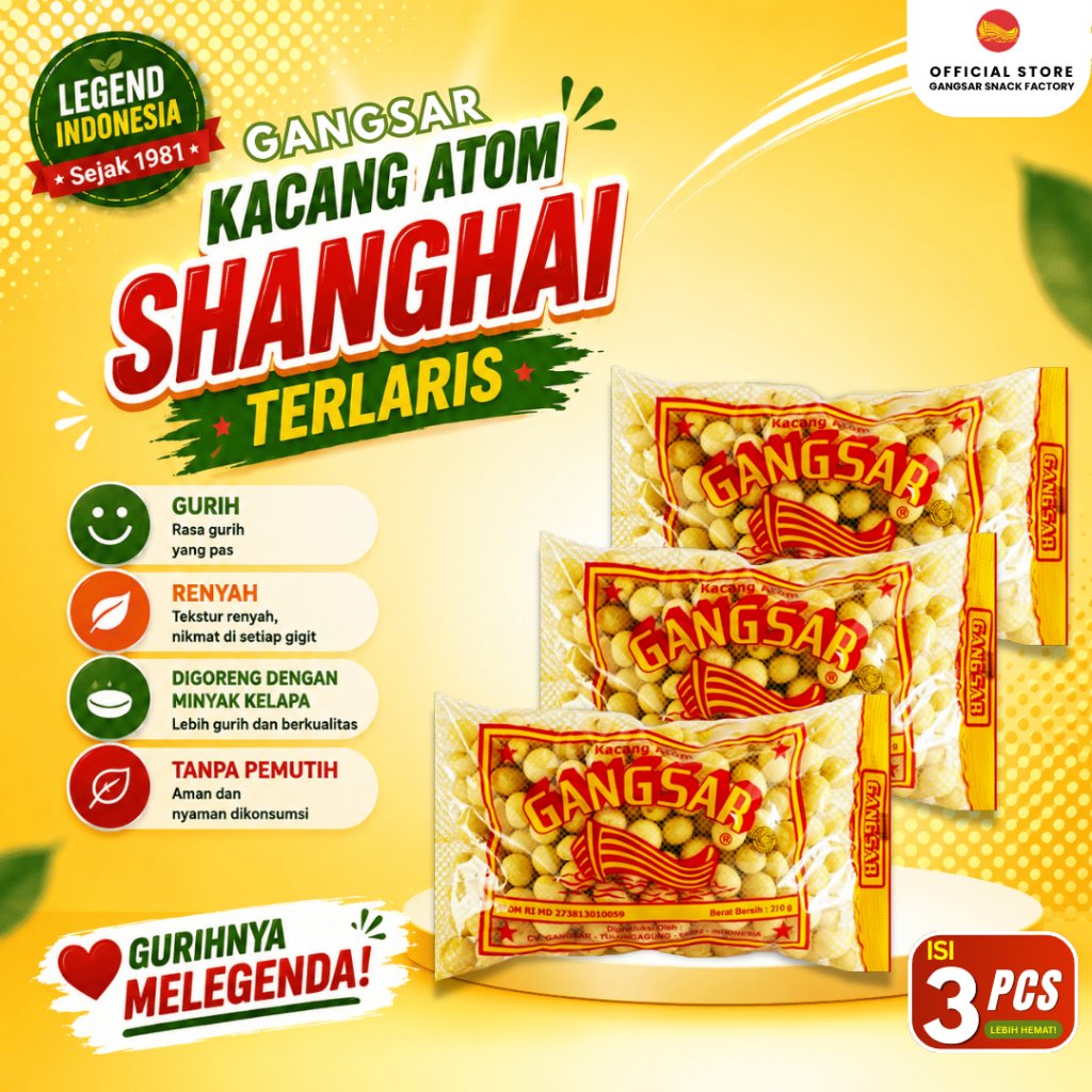 Kacang Atom Shanghai Tulungagung Gangsar Super 210gram Bundle Isi 3 Pack