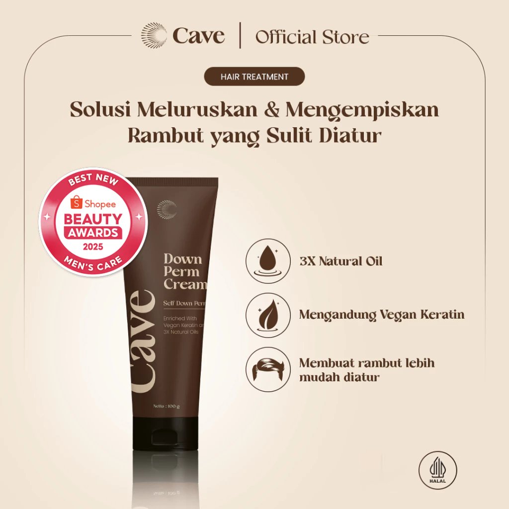 Cave Down Perm Cream 100gr - Pelurus Rambut Keriting & Mengembang dengan Vegan Keratin