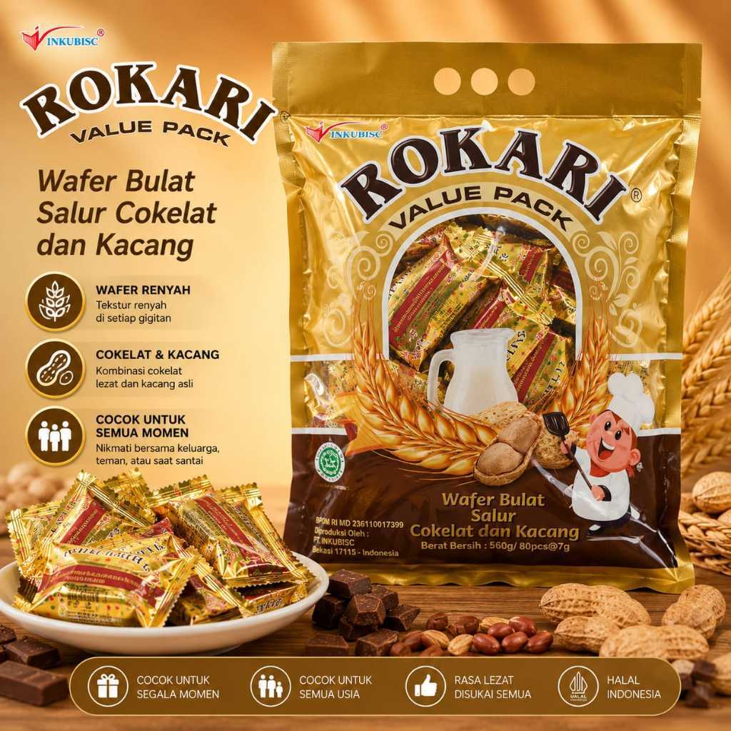 ROKARI Wafer Coklat Kacang Ball Lezat Isi 80pcs Halal BPOM 560g Jumbo