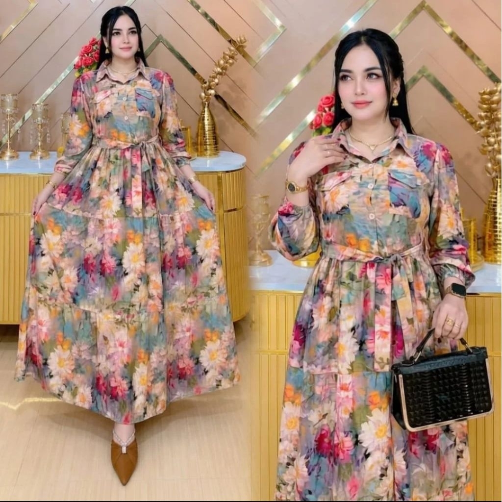 Yolanda Krah Dress Gamis Wanita Kancing Aktif Rayon Premium LD 110 PB 138 Kantong