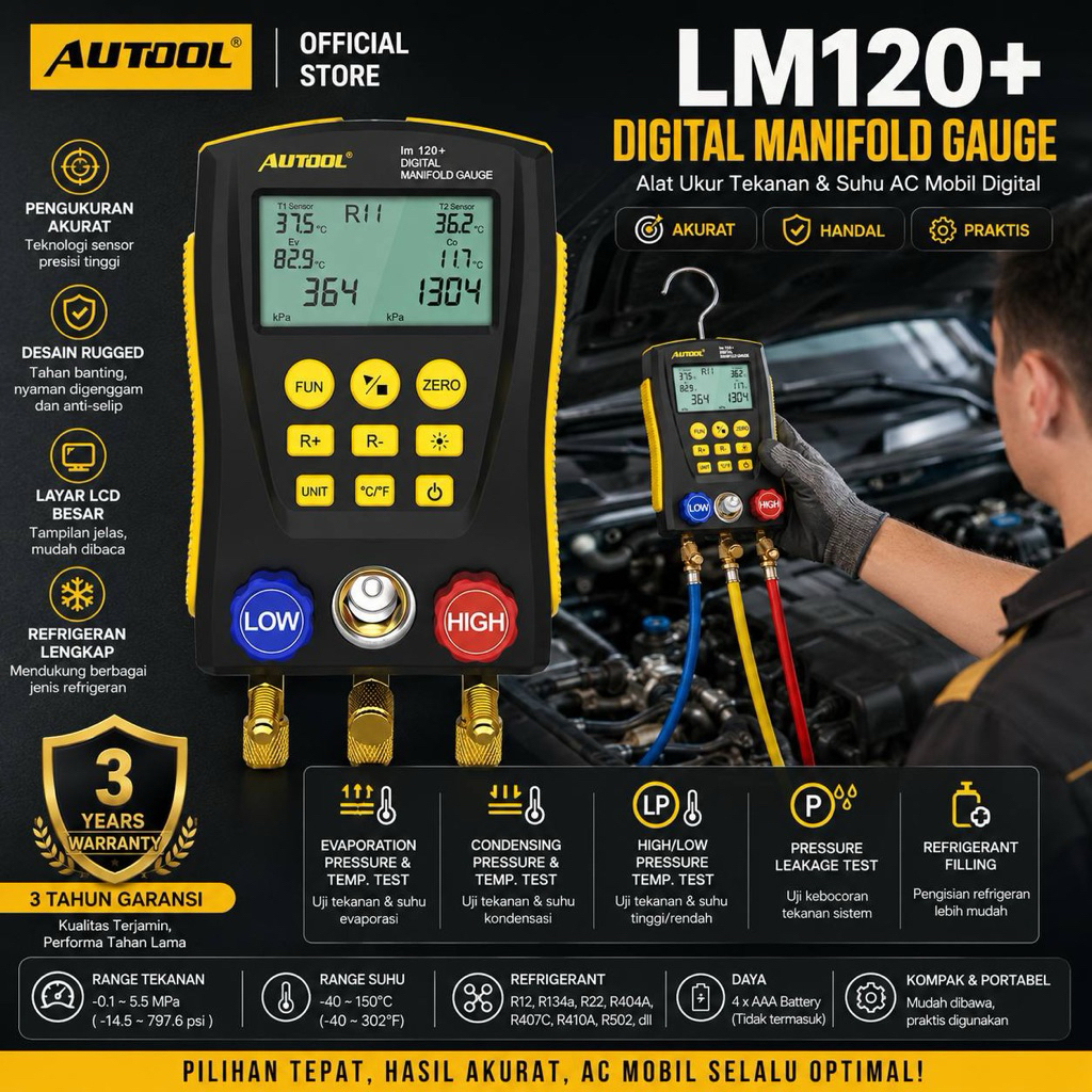 AUTOOL LM120 Plus Digital Refrigerant Manifold Gauge HVAC AC Freon Gauge Alat Ukur Tekanan Refrigera