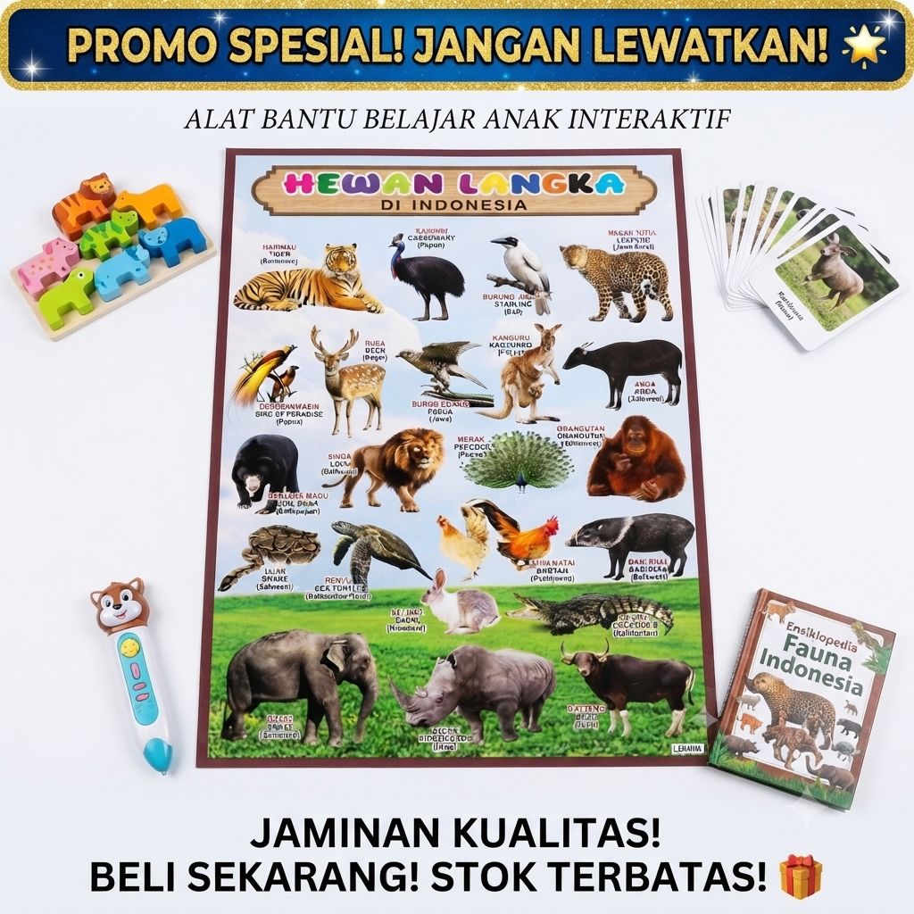 Poster Edukasi Hewan Langka Di Indonesia / Wall Chart Belajar Fauna Nusantara Satwa Dilindungi Media