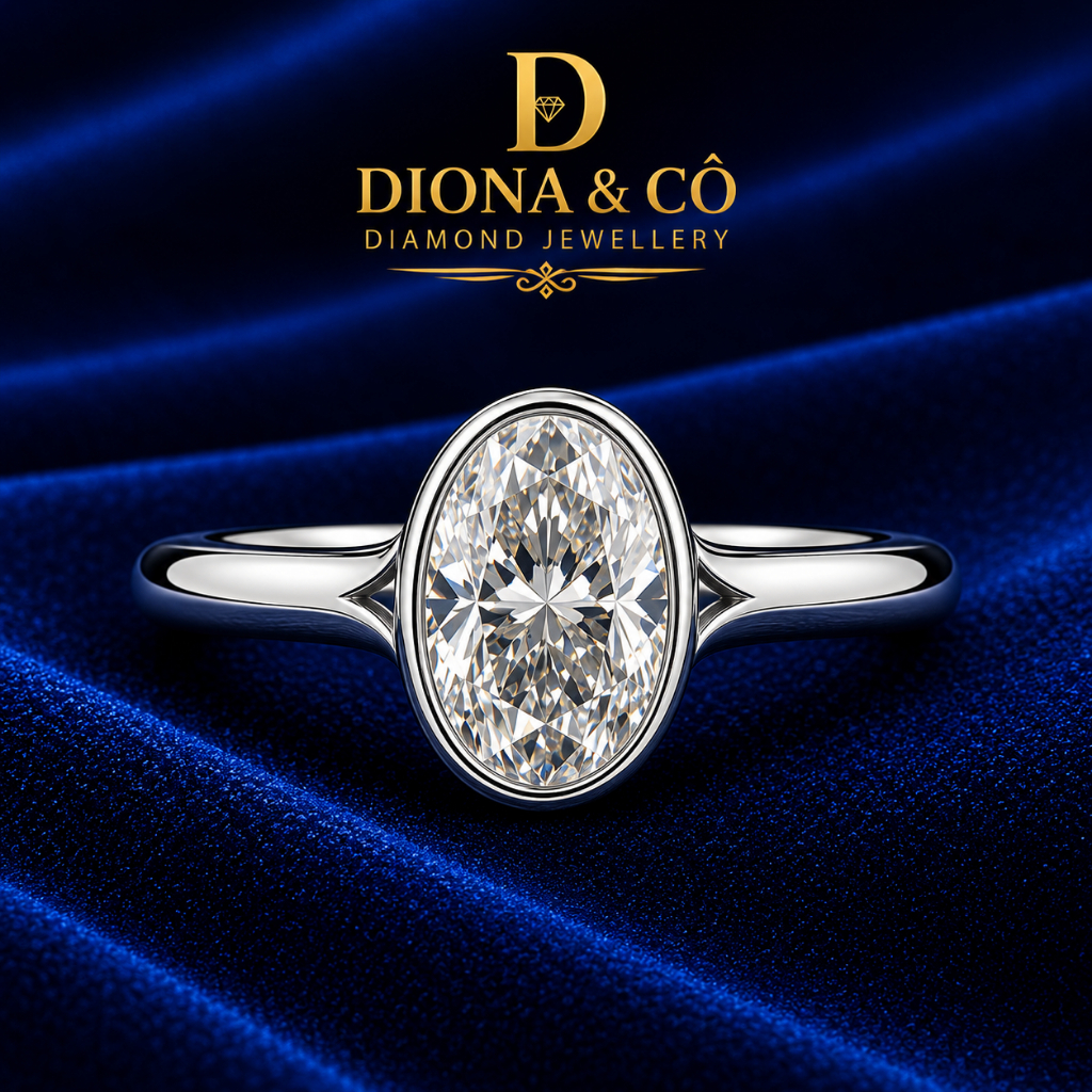 Diona & Co DC022 - Cincin Bezel Oval Berlian Lab Grown 1.00 Carat D VVS1 IGI10K White Gold Diamond R