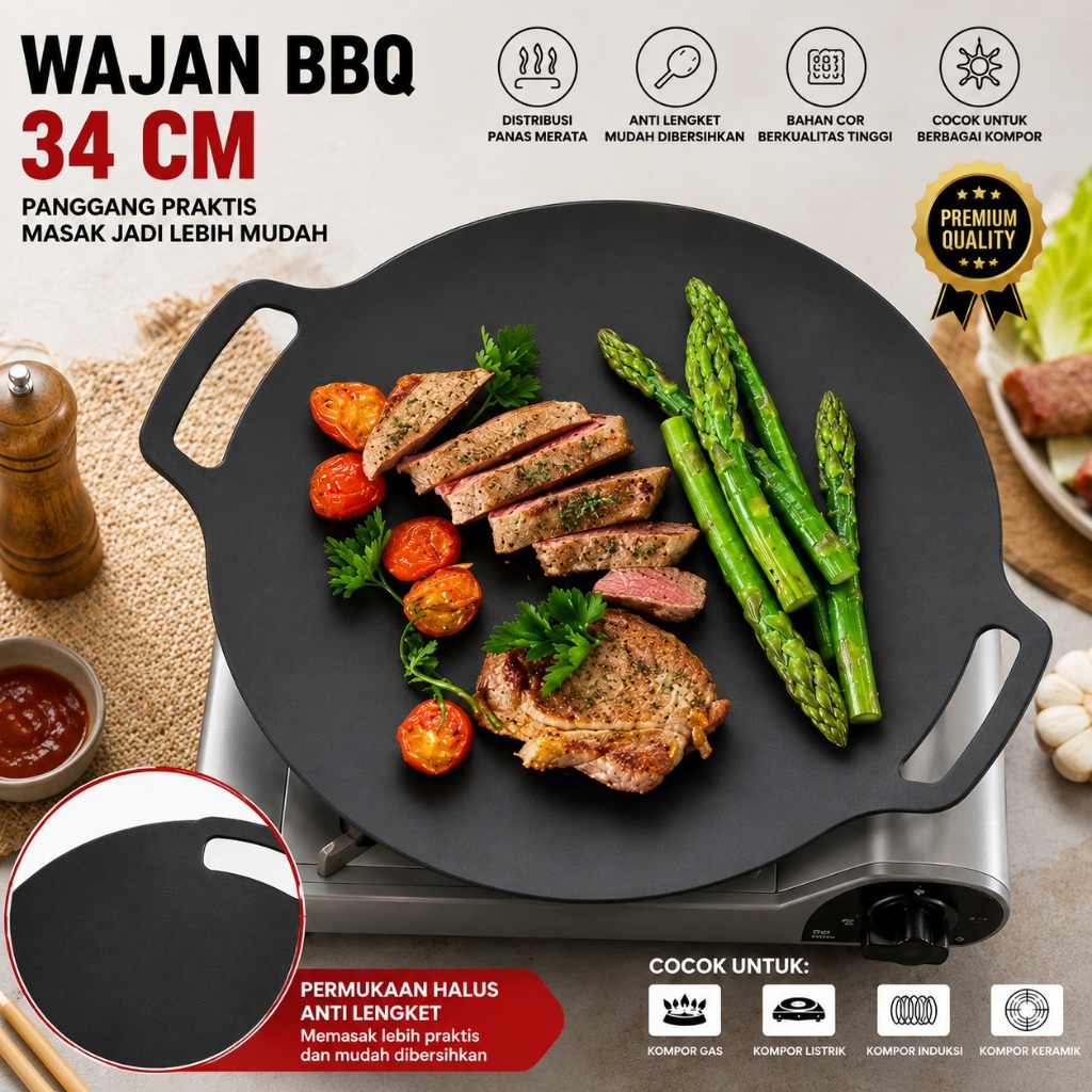 Wajan Konduksi panggangan jumbo 34cm Wajan Besi BBQ Korea anti lengket