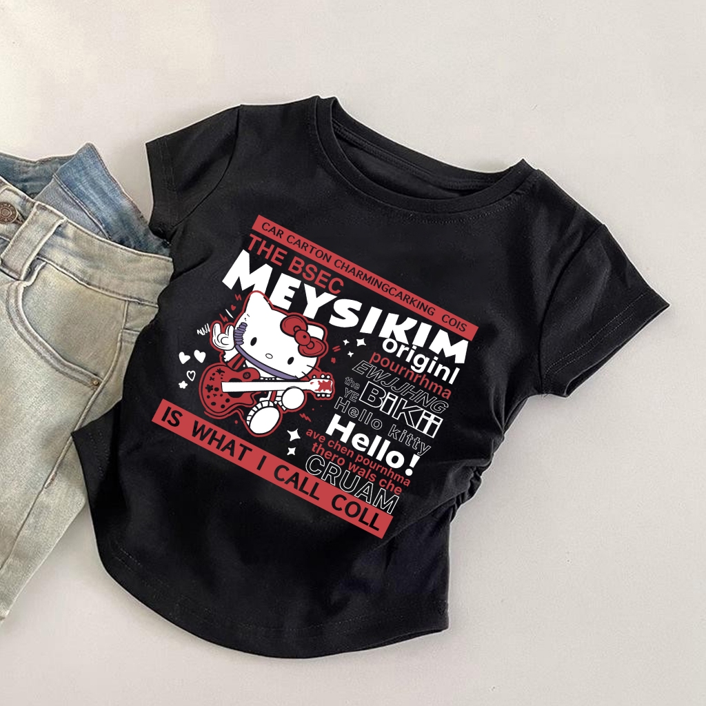 KANOKANO / Korean Manis & Imut / Baby Tee Motif Hello Kitty / Atasan Pendek Ramping / Kaos Huruf Luc