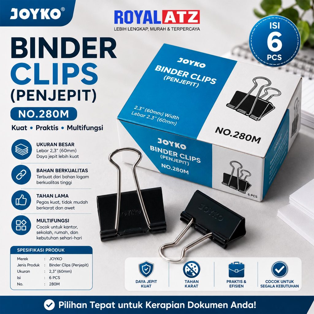 Joyko Binder Clip 280M 60mm 2.3 Inch Isi 6 PCS Penjepit Kertas Besar Paper Binder Clip Original