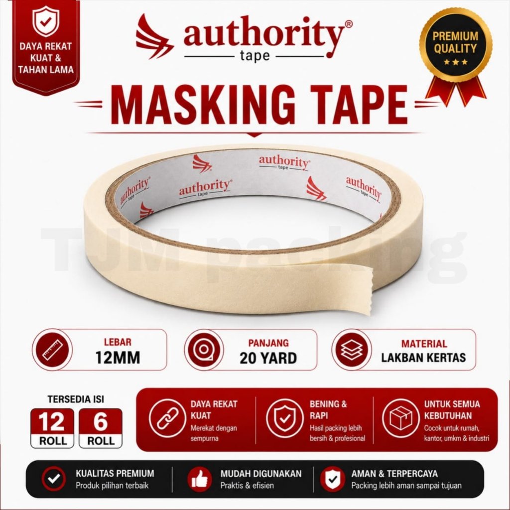 12 PCS LAKBAN KERTAS 12MM X 20 YARD AUTHORITY MASKING TAPE
