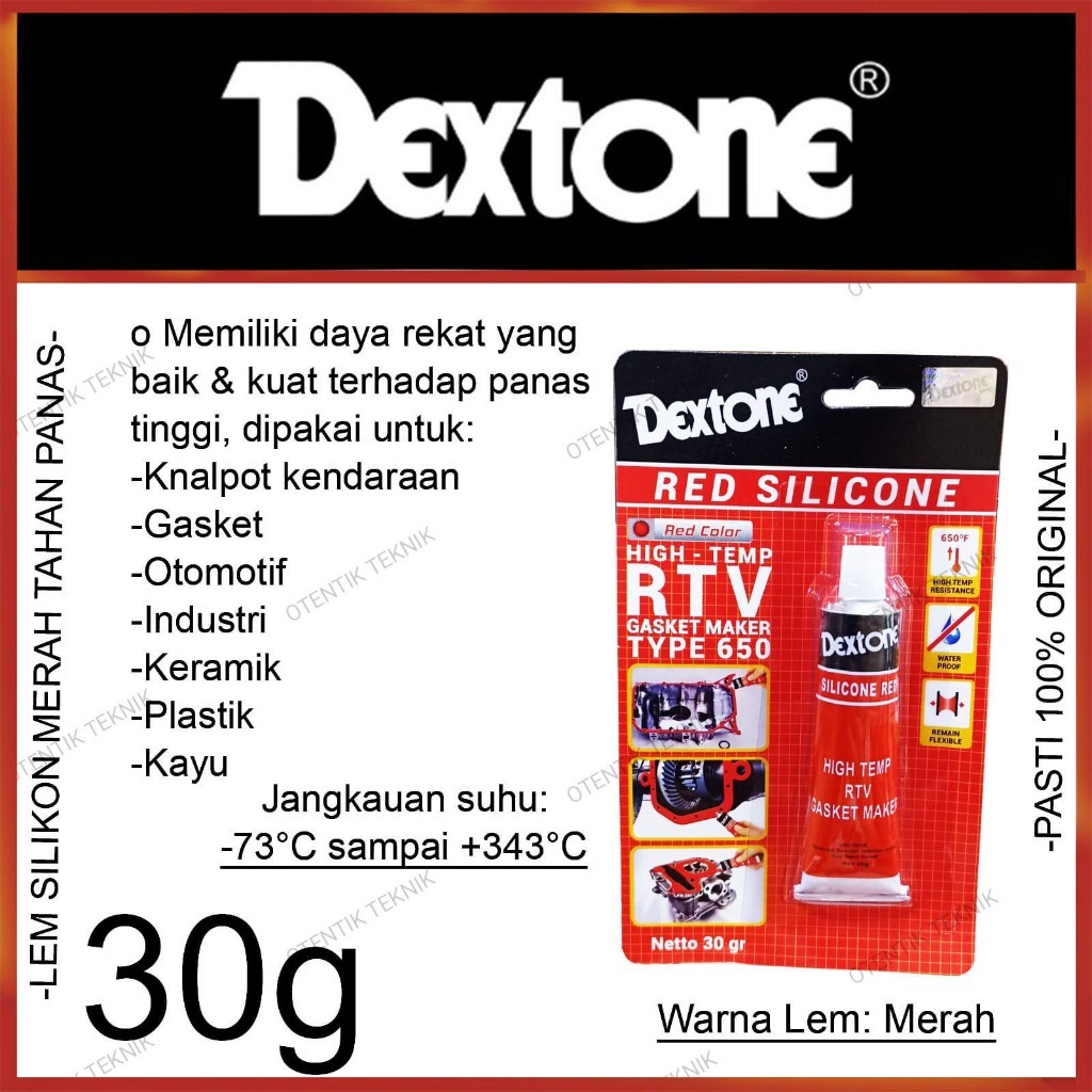 DEXTONE LEM SILIKON MERAH 30G - GLUE RED SILICONE 30 G - LEM PAKING GASKET TIPE 650 RTV - LEM KNALPO
