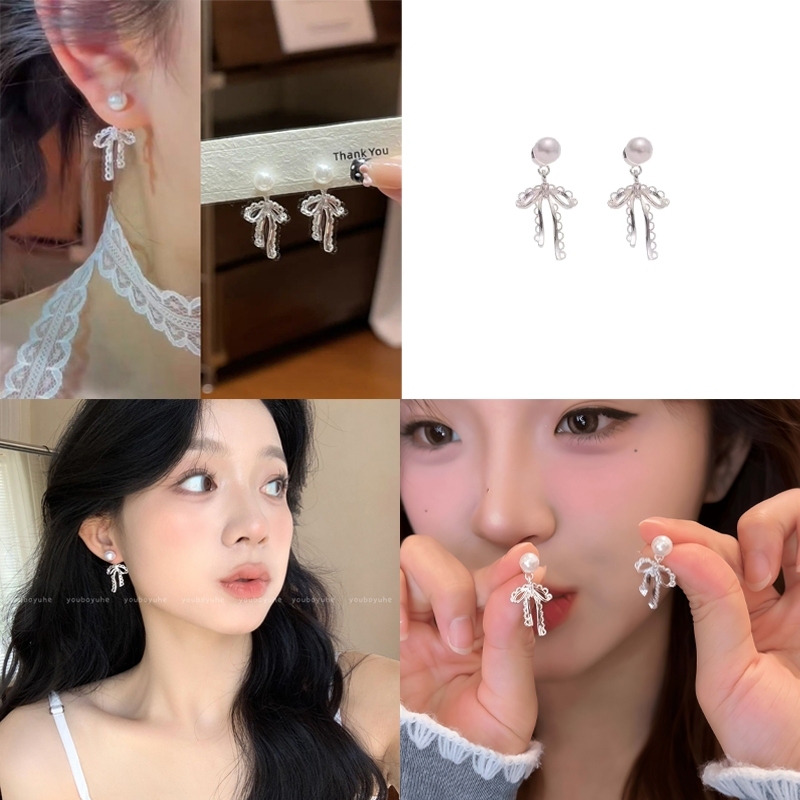 Anting stainless steel titanium S925 anting elegan berhiaskan pita - anting pita mutiara aksesori fa