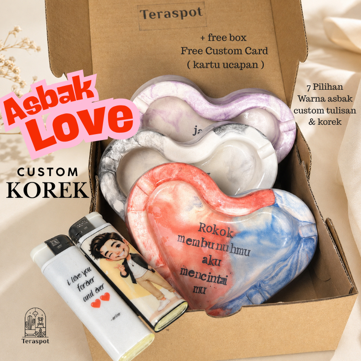 Paket Asbak Love Korek Custom Foto / Tulisan Free Box & Kartu Ucapan Untuk Gift Souvenir Birthday Pa