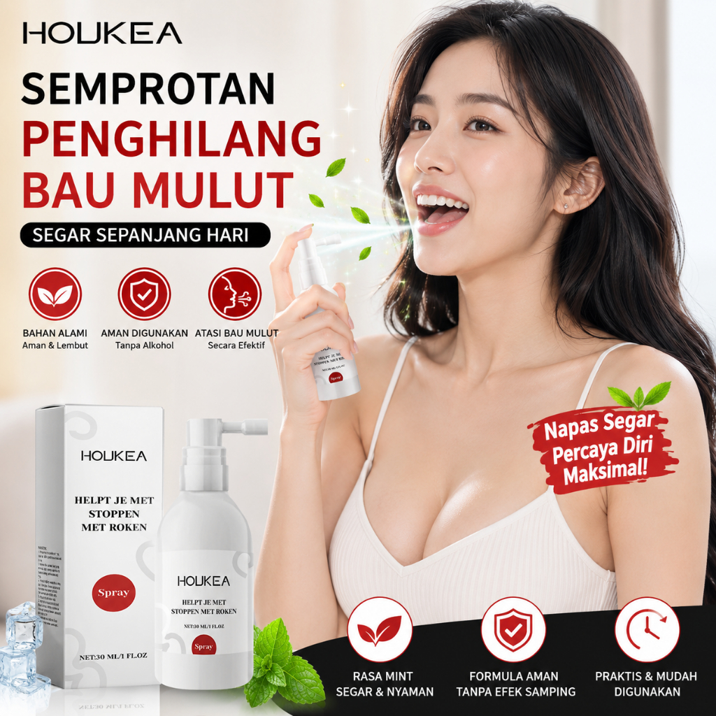 Houkea Semprotan Mulut Segar 30ml Ekstrak Daun Mint, Menyegarkan napas setelah merokok, Meredakan ke