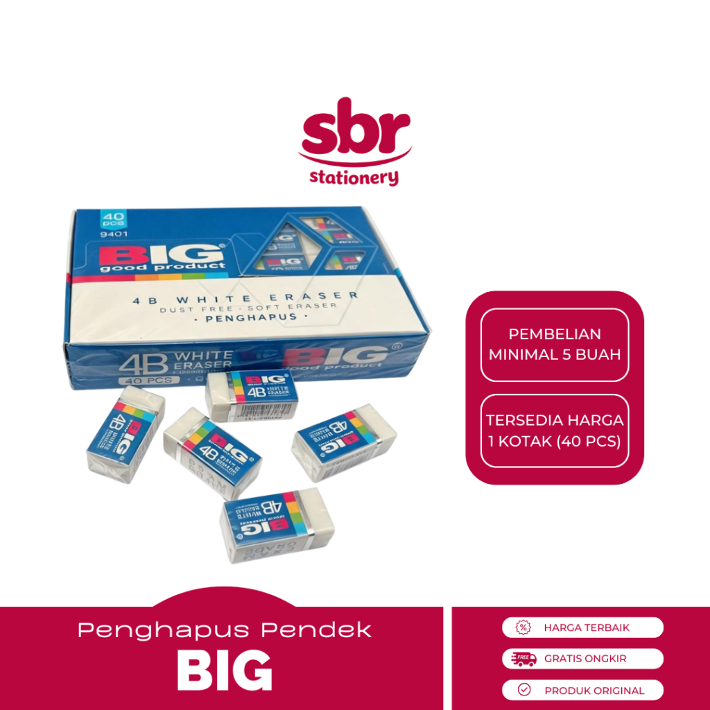 Penghapus Pendek BIG 4B White Eraser Dust Free Soft Eraser 40 pcs dijual PER PACK