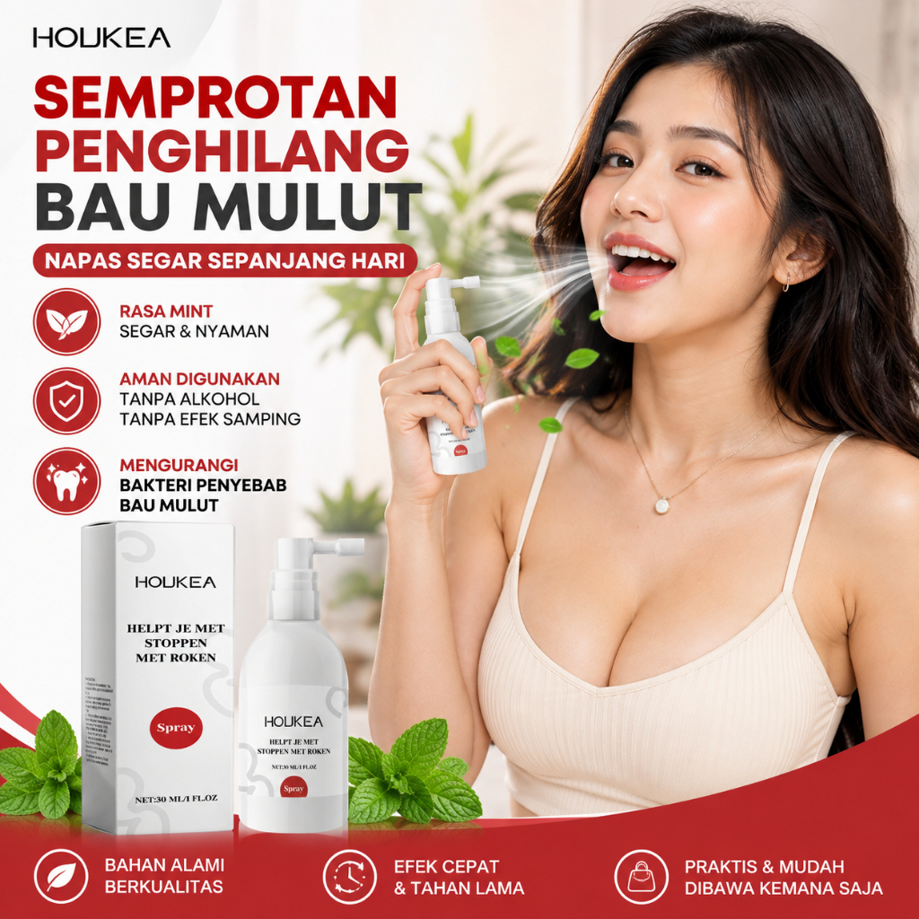Houkea 30ml Semprotan Mulut Segar, Ekstrak Daun Mint, Menyegarkan napas setelah merokok, Meredakan k