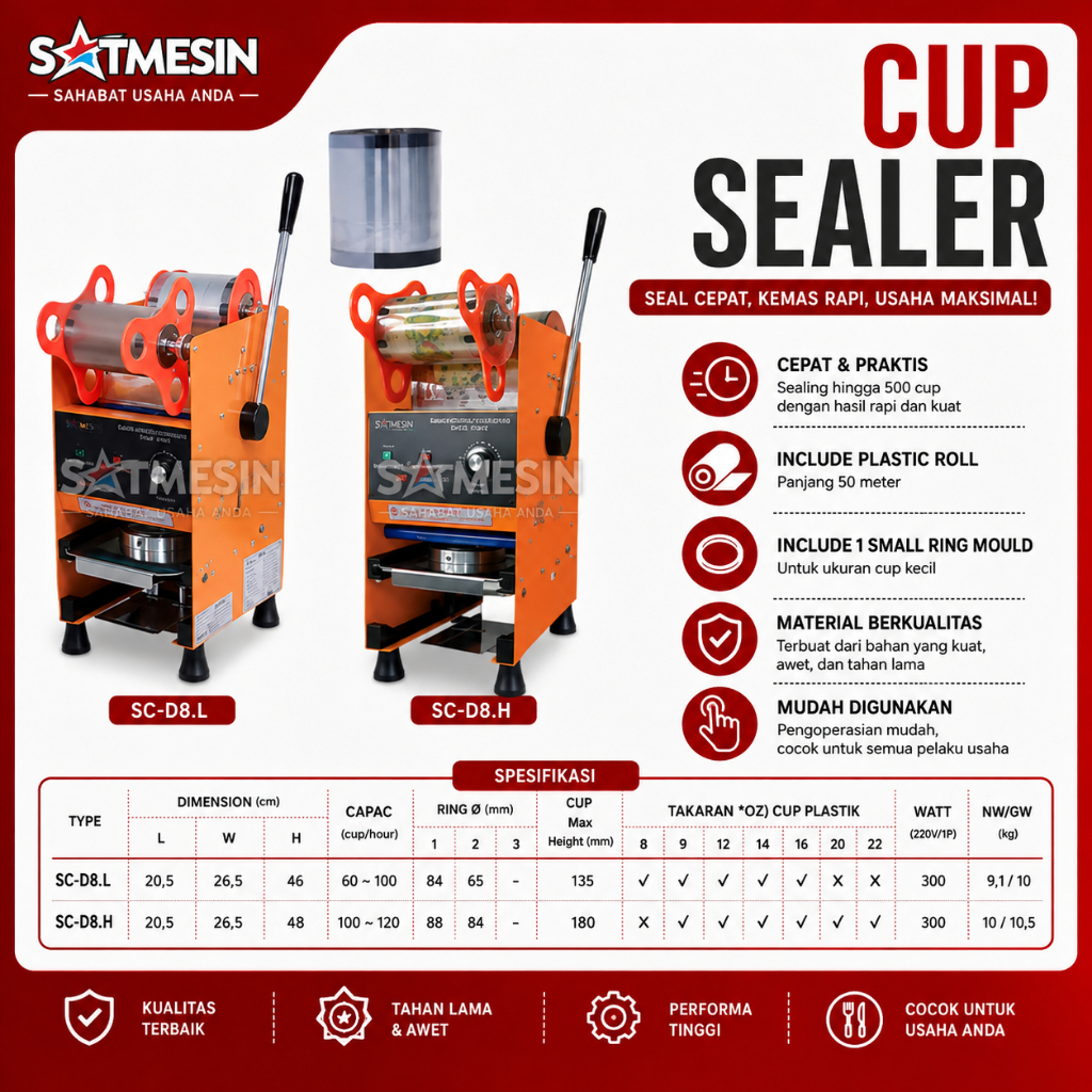 Satmesin Cup Sealer Manual SC-D8.H & SC-D8.l Mesin Press Gelas Plastik Bubble Tea Thai Tea Es Kopi B