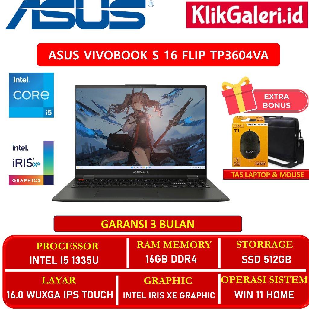 ASUS Vivobook S 16 Flip TP3604VA i5 1335U 8GB 512GB 16" Touch Win11 Black - Ex Display 3 Bulan