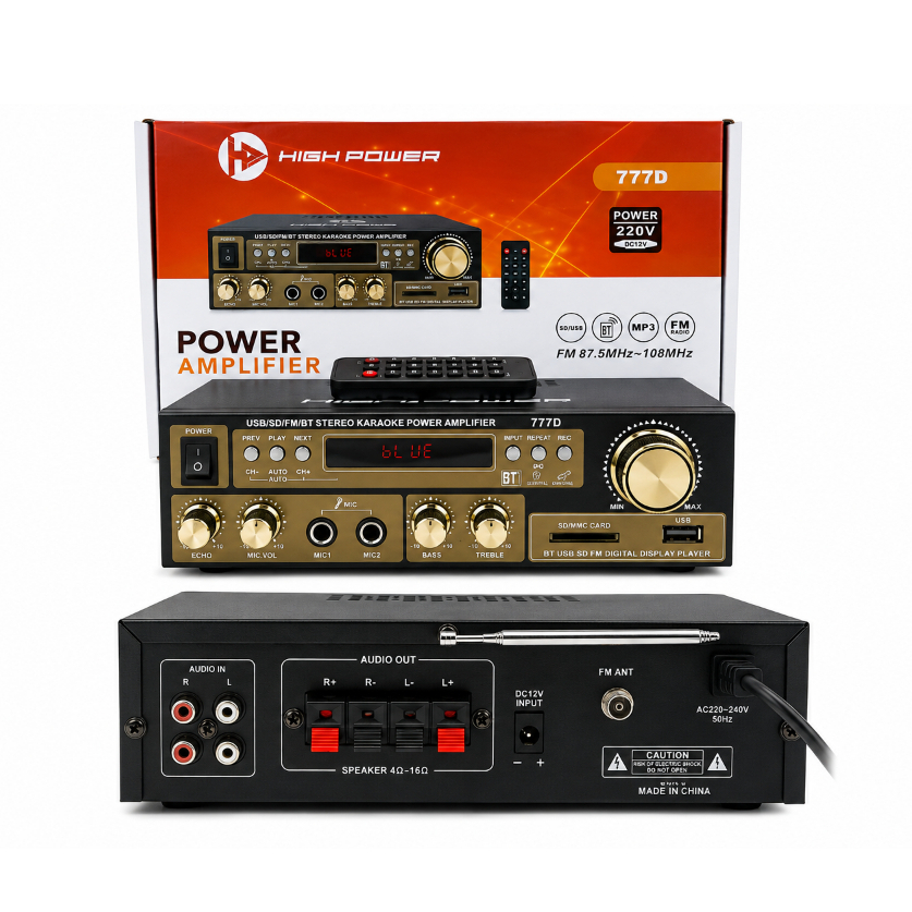 High Power 777D Power Amplifier Gold 60WATT USB SD MMC FM Bluetooth Remote
