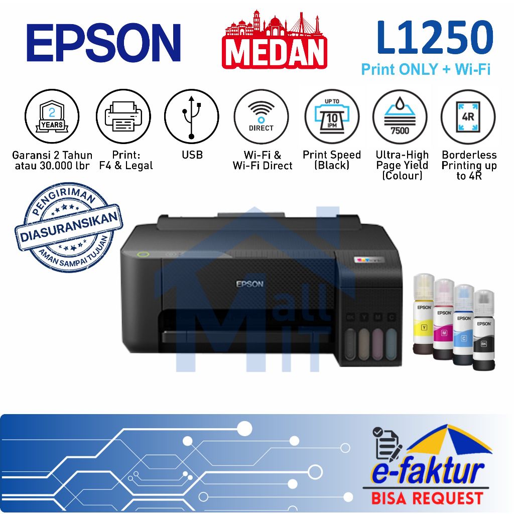 MALLIT EPSON Printer Epson L1250 L-1250 L 1250 Print Only Wifi Garansi Resmi Medan