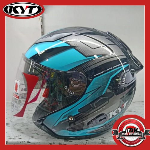 HELM HALF FACE KYT GALAXY FLAT R ASYMMETRIC BLACK BLUE DOUBLE VISOR BIRU HITAM ORIGINAL