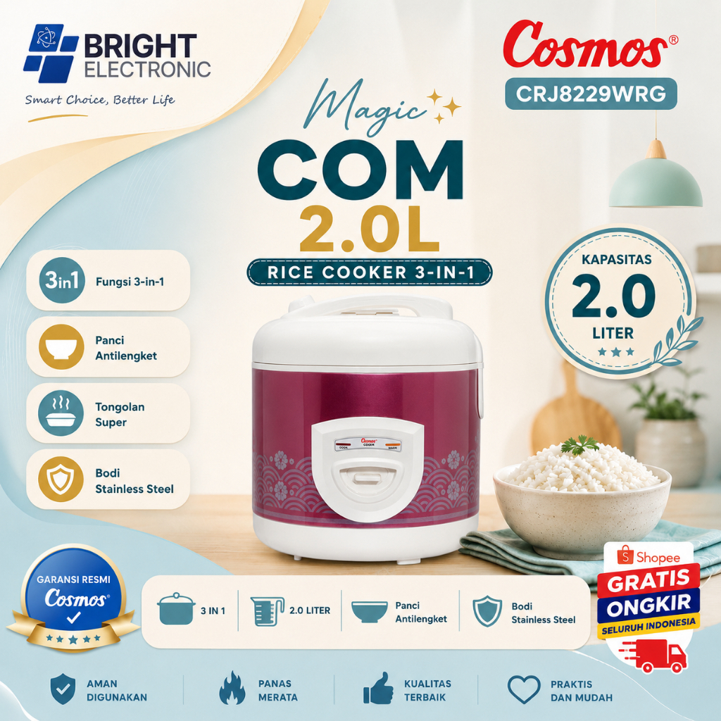 RICE COOKER COSMOS  NON STICK CRJ8229WRG 2Liter/CRJ-8229WRG/CRJ-8229-WRG/CRJ8229WRG/ORIGINAL GARANSI