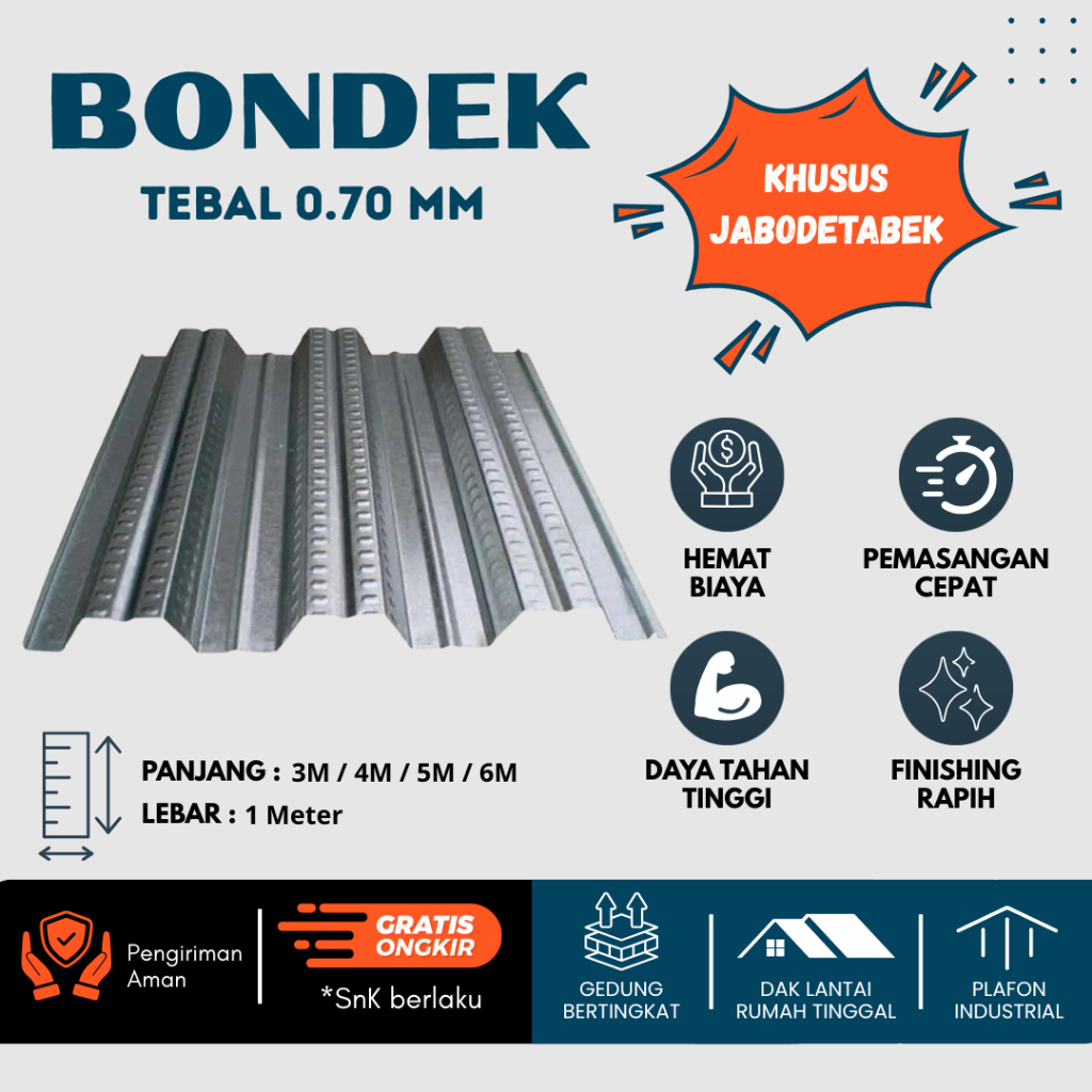 Bondeck / Bondek / Floordeck Cor Tebal 0.70 MM Panjang 3 / 4 / 5 / 6 Meter