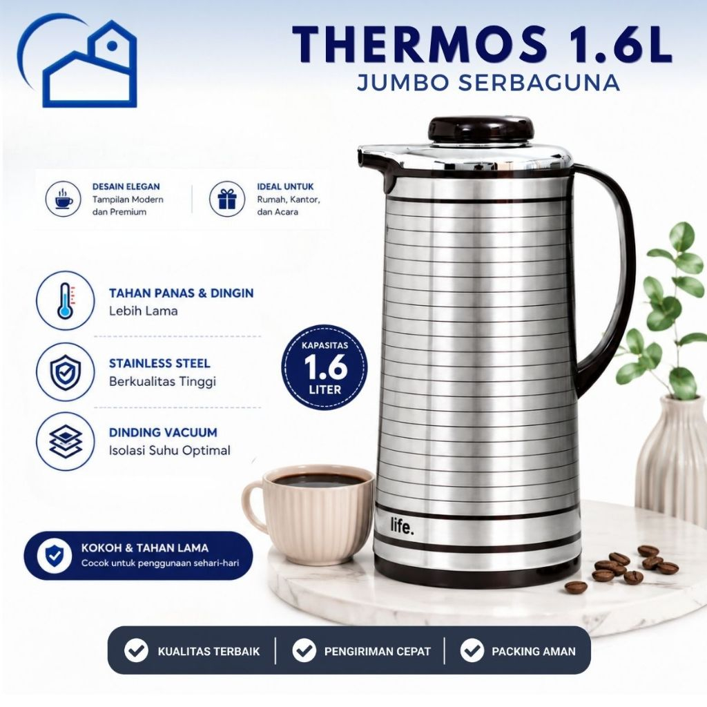 HOMESTATION - Termos Air Panas Tuang Praktis Teko Kaca Stainless Steel Thermos Jumbo Piknik 1.6L