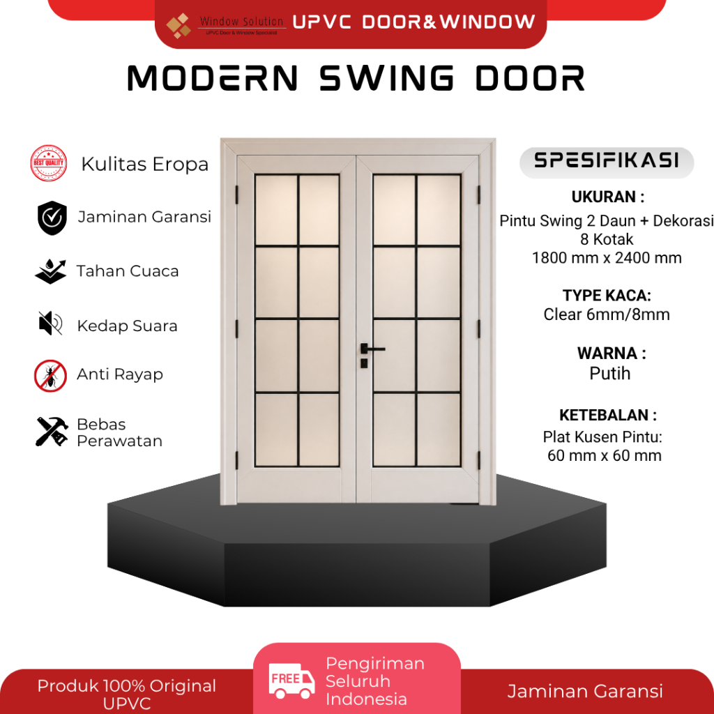 Pintu Swing 2 Daun + Dekorasi 8 Bagian, Ukuran 1800 x 2400, Kaca Clear 8mm/6mm, Merek CONCH