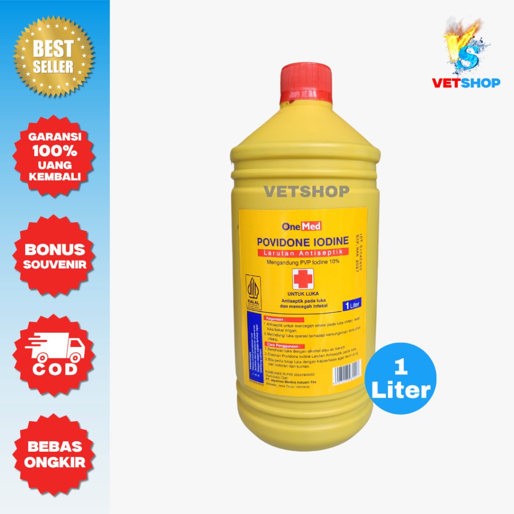 Povidone Iodine 1 Liter Antiseptik Obat Luka Merah 10% Cairan Disinfektan Pembersih Luka - VETSHOP