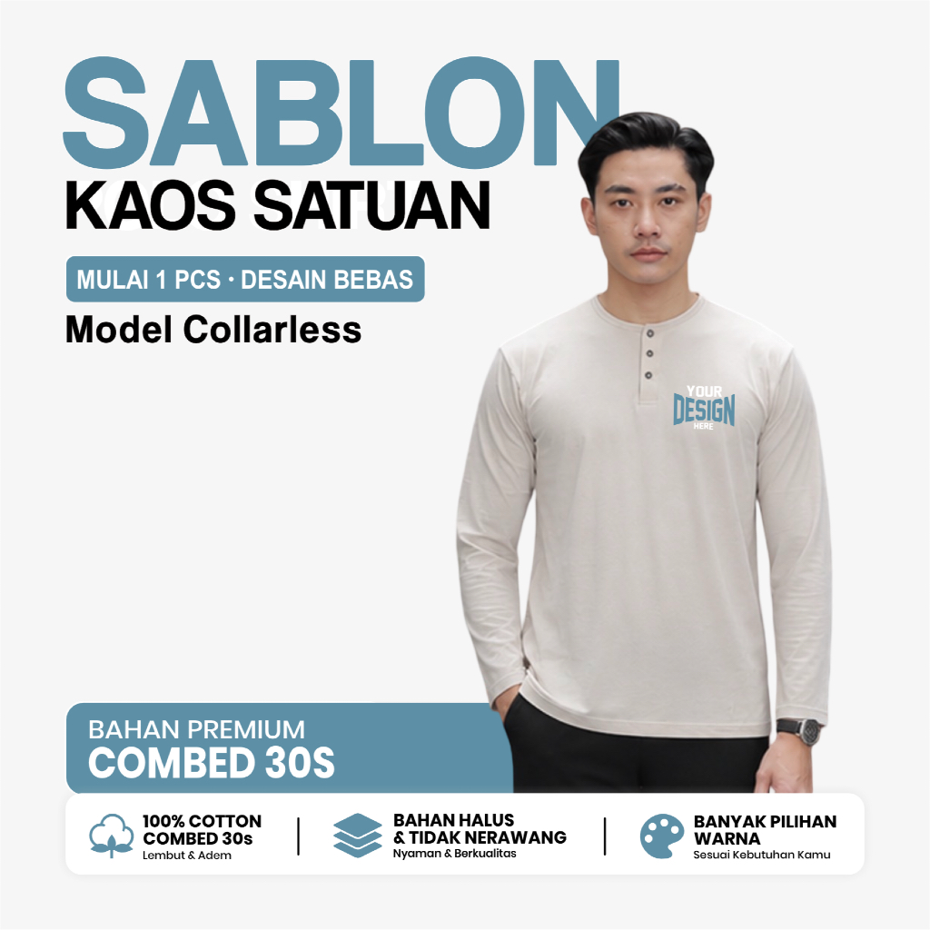 [Premium] Sablon Kaos Henley Collarless Custom Satuan Desain Suka-suka / Kaos Sablon Custom / Custom