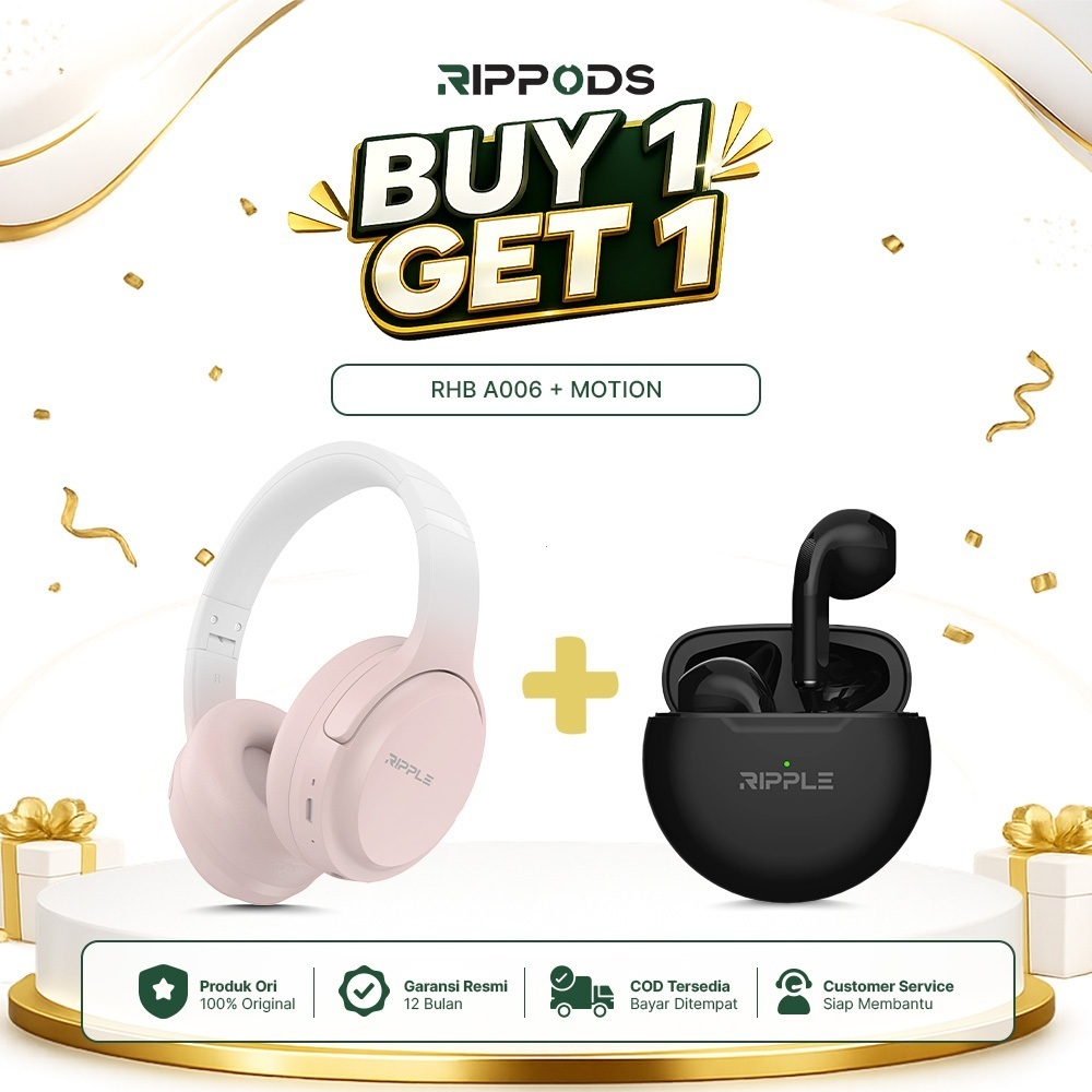 Paket Bundling RIPPLE RHB A006 Headset Over‑Ear Bluetooth + Motion TWS Earphone, Bass Jernih HiFi, U