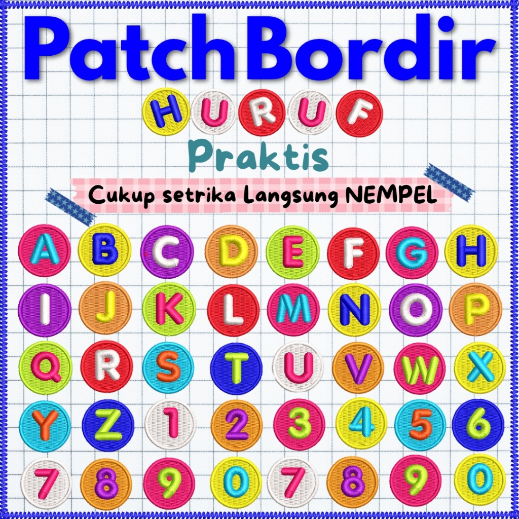 Patch Bordir Huruf Dan Angka Tempel Setrika Bulat Lucu Besar Kecil Custome Nama 2-3cm Poliester Rayo