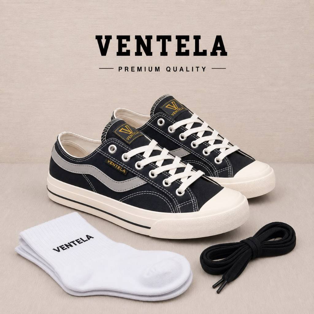 Sepatu Ventela New Public Low Black Natural Sneakers Nyala Pria Wanita Termurah