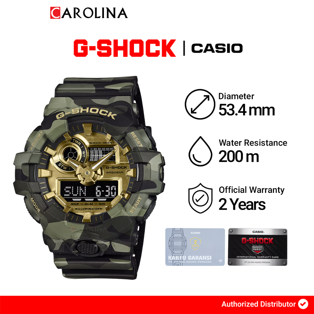 Jam Tangan Pria Casio G-Shock GA-700CMG-3A Bold Camo Series Camo and Gold Dial Green Resin Band