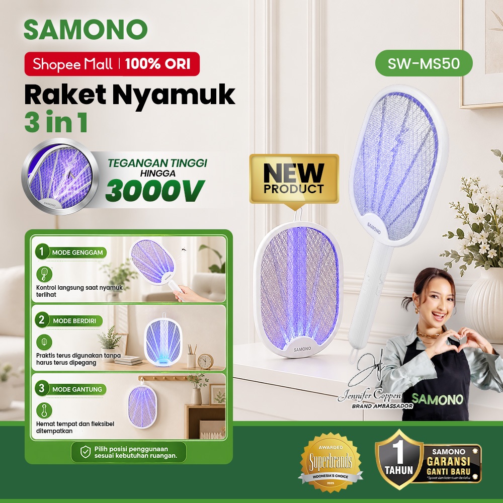SAMONO Raket Nyamuk Elektrik 3in1 Lipat 3000V dengan 2 Lampu LED UV 368nm Raket Nyamuk Listrik Recha