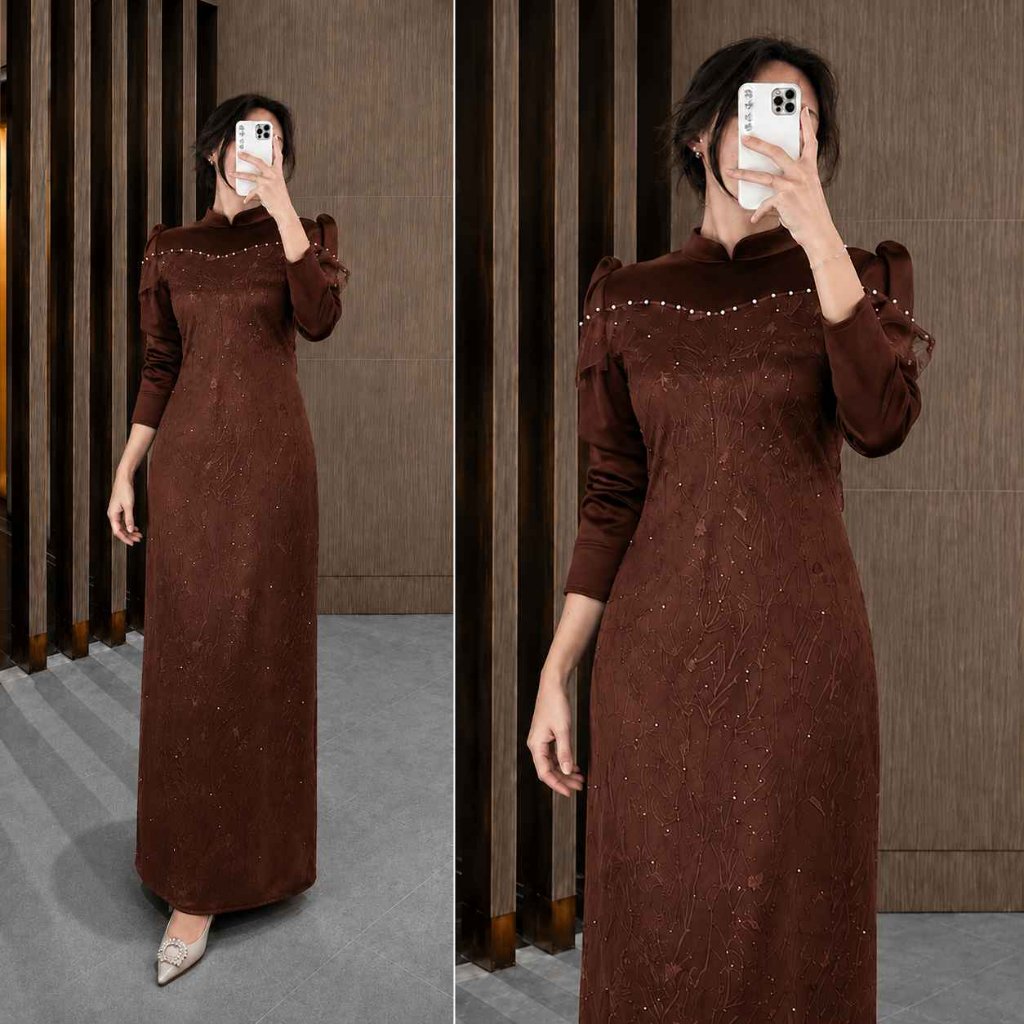 Aneliese Dress Kondangan Mewah Satin Roberto Cavalli Premium Mix Brukat Payet Gamis Pesta Wanita