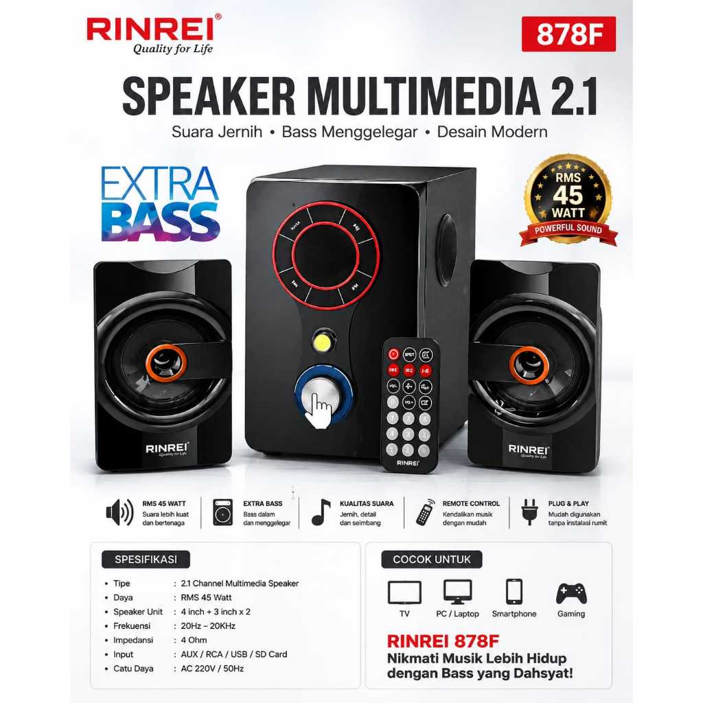 Speaker Rinrei SR-878F / SR-878 F Speaker Bluetooth Speaker Multimedia 2.1 Super Bass 45W RINREI SR 