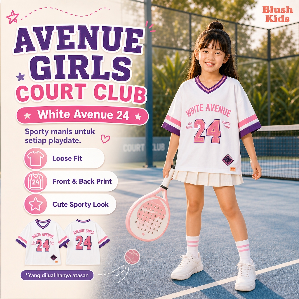 Blush Kids Avenue Girls Court Club White Avenue 24 Loose Fit Front & Back Print Anak Perempuan