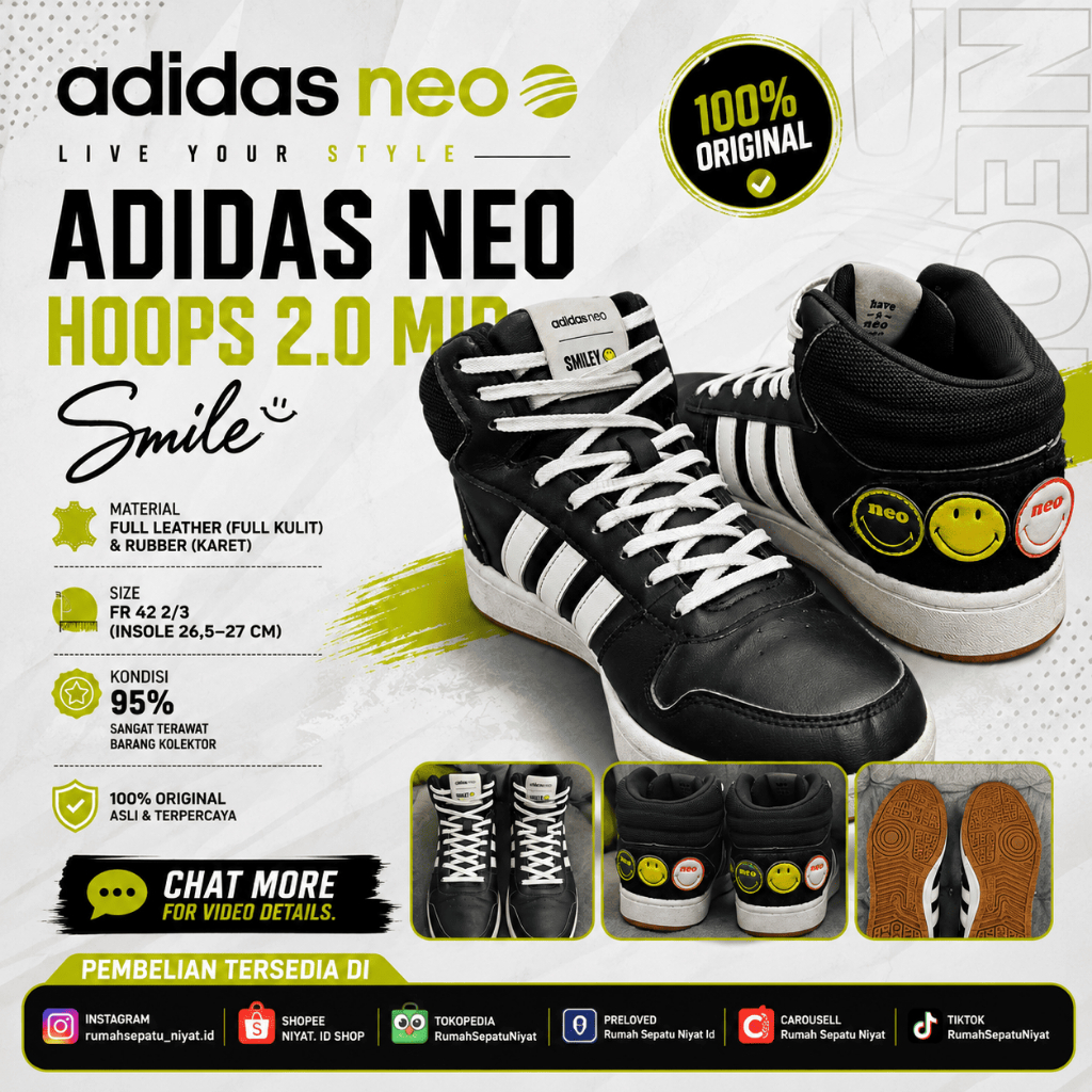 Adidas Neo Hoops 2.0 Mid Smile Black & White Original