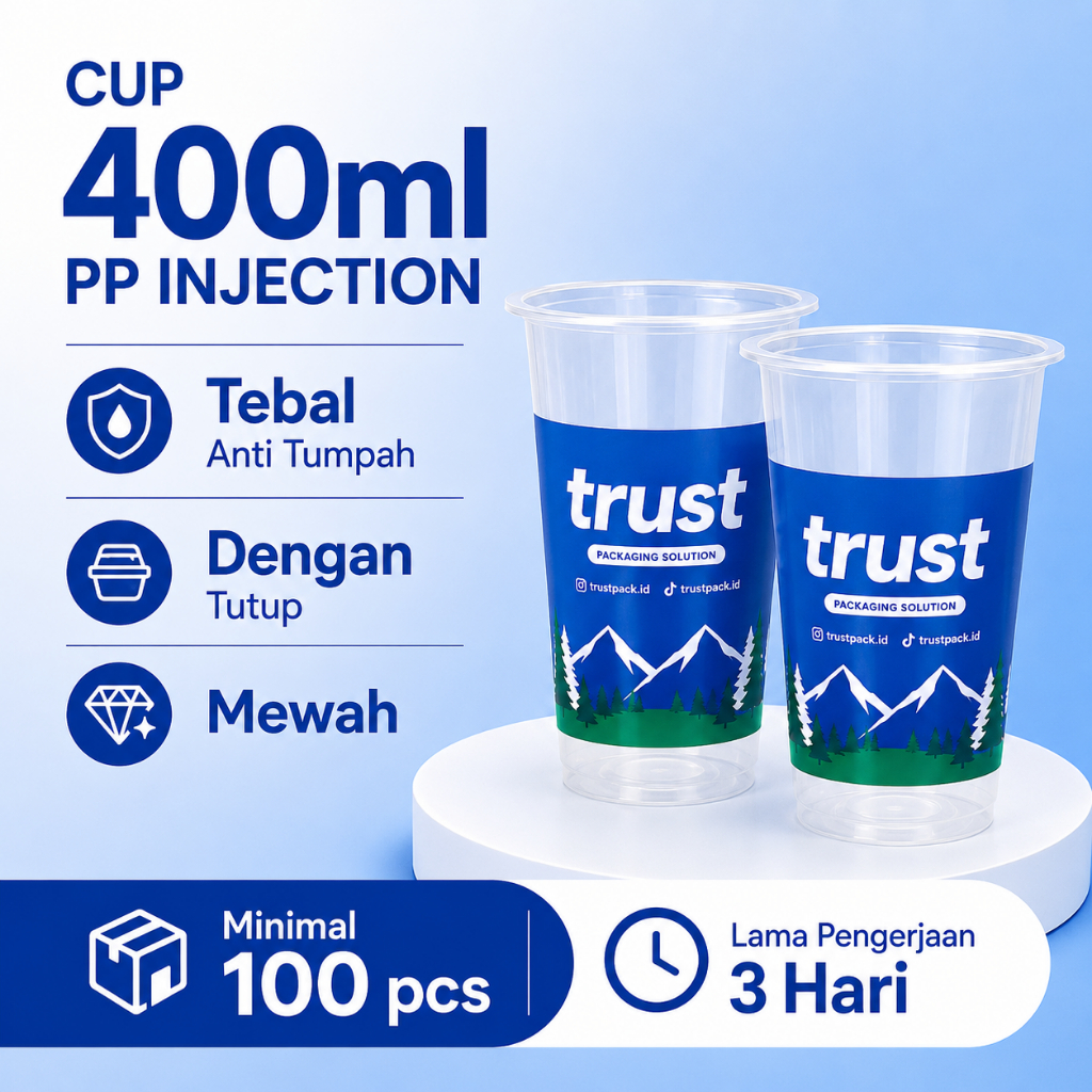 Sablon Cup Injection PP 400ml Custom Logo | Cetak Gelas Plastik Tebal Food Grade Kopi Teh Matcha Min