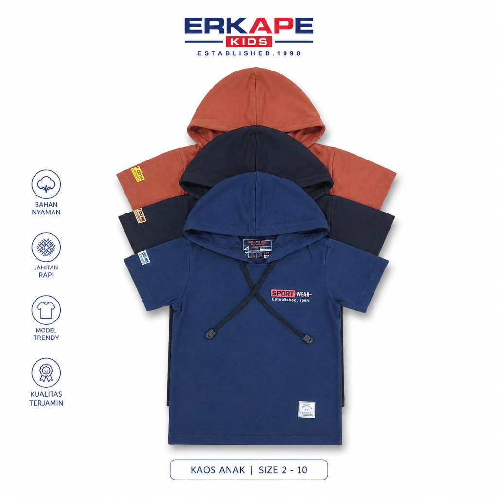 ERKAPE Kids Kaos Anak Laki-Laki Lengan Pendek Pakai Topi Hoodie Sport Wear Adem Nyaman