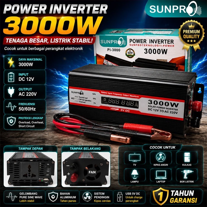 Power Inverter SUNPRO PI-3000 3000W DC 12V ke AC 220V Frekuensi 50/60Hz