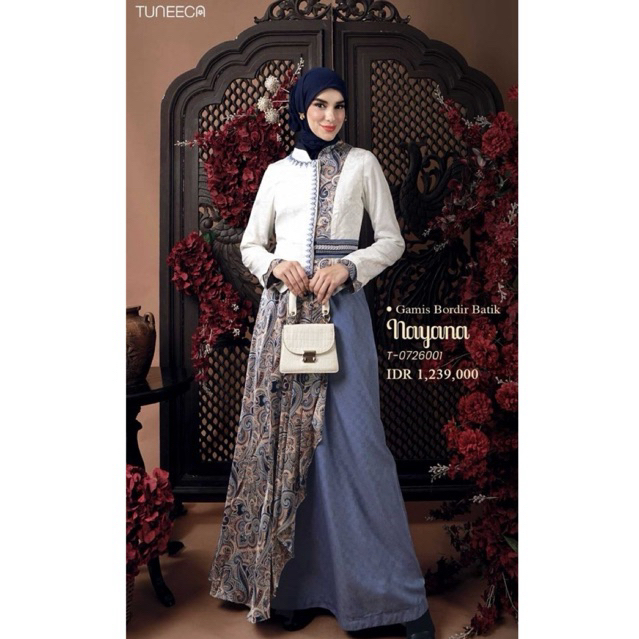 TUNEECA GAMIS BORDIR BATIK NAYANA T-0726001 (TUNEECA DJENARA ) GAMIS MUSLIMAH ETNIK KOMBINASI BATIK 