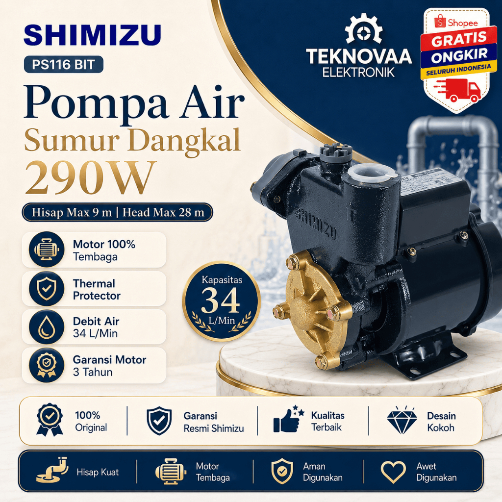 SHIMIZU WATER PUMP PS 116 BIT POMPA AIR NON AUTOMATIC/PS116BIT/PS116 BIT/PS 116BIT/ORIGINAL/GARANSI