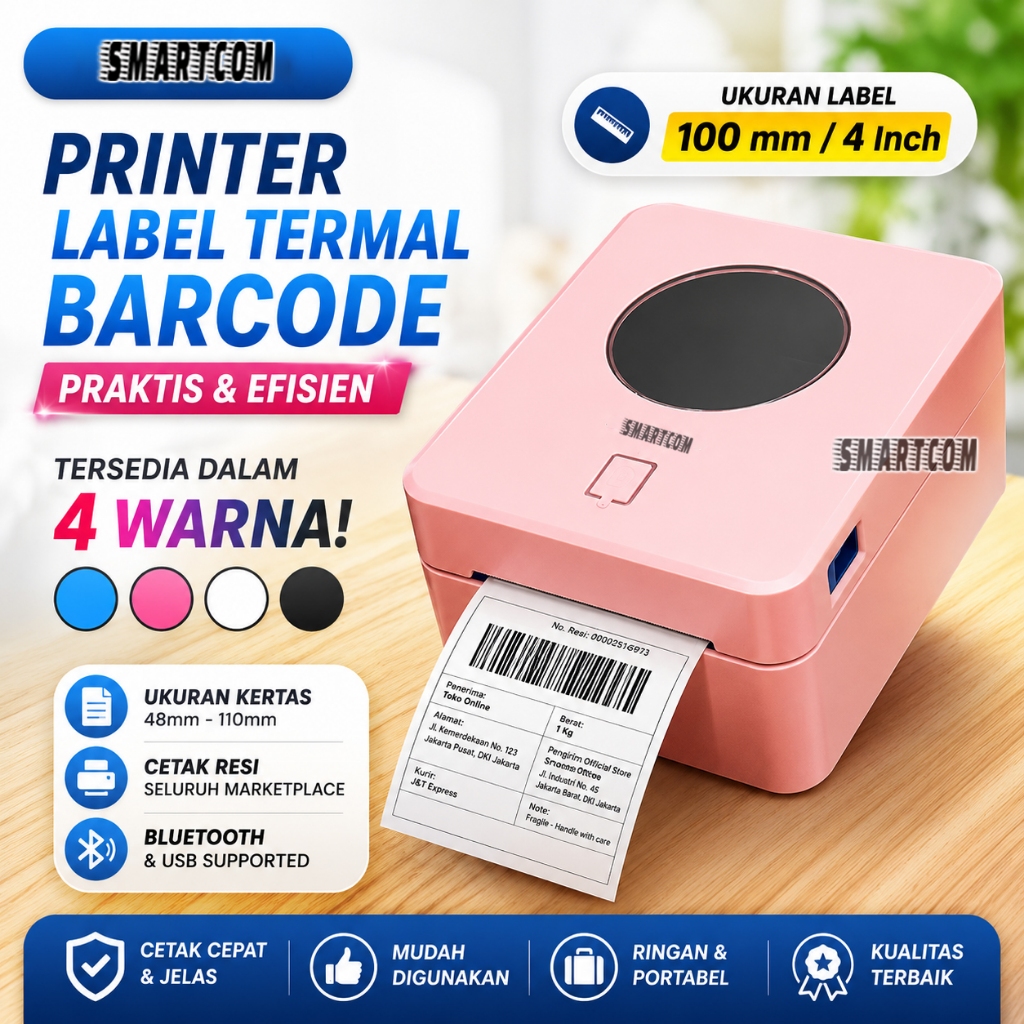 SMARTCOM ~ Printer Barcode Thermal Label Resi 4 Inch Barcode Printer Bluetooth Thermal 100mm SM9250
